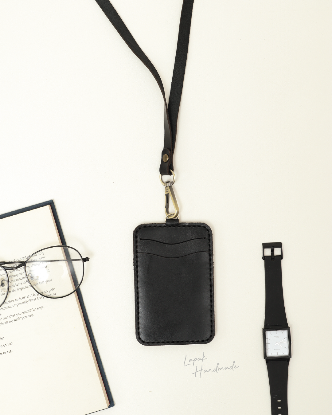 Leather ID Lanyard in Black